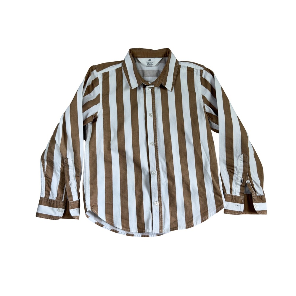 HM Kids Brown White Vertical Stripe Button Down Shirt Cotton Size 6-7Y